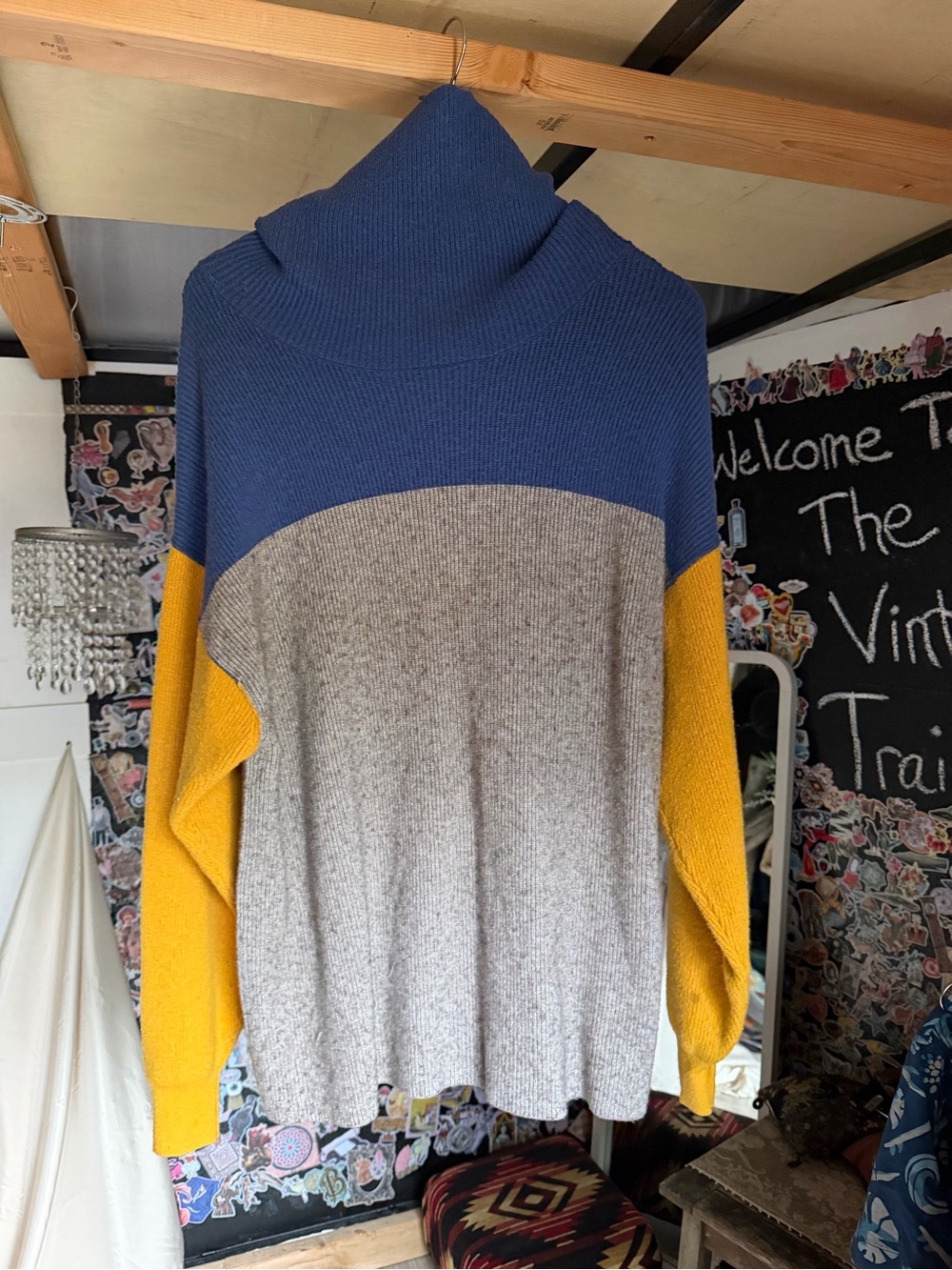 Free People Colorblock Cowl Neck Sweater in Blue, Gray & Mustard